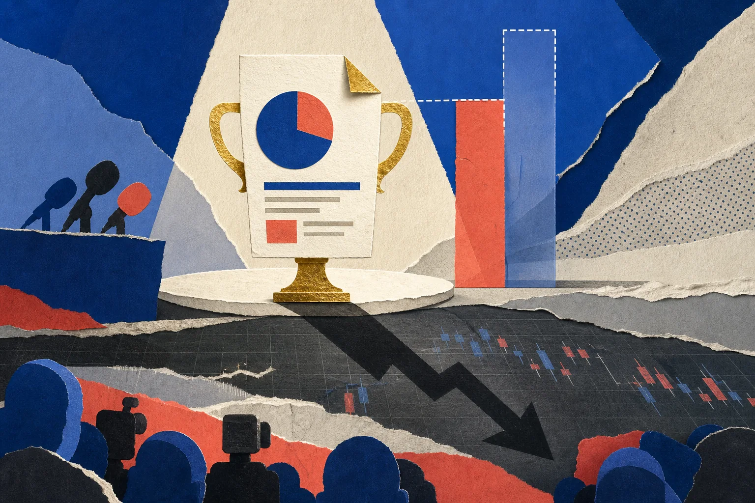 최대 실적이라는 축하 무대 뒤로 시장 기대치 미달을 뜻하는 하락 그림자가 드리운 모습